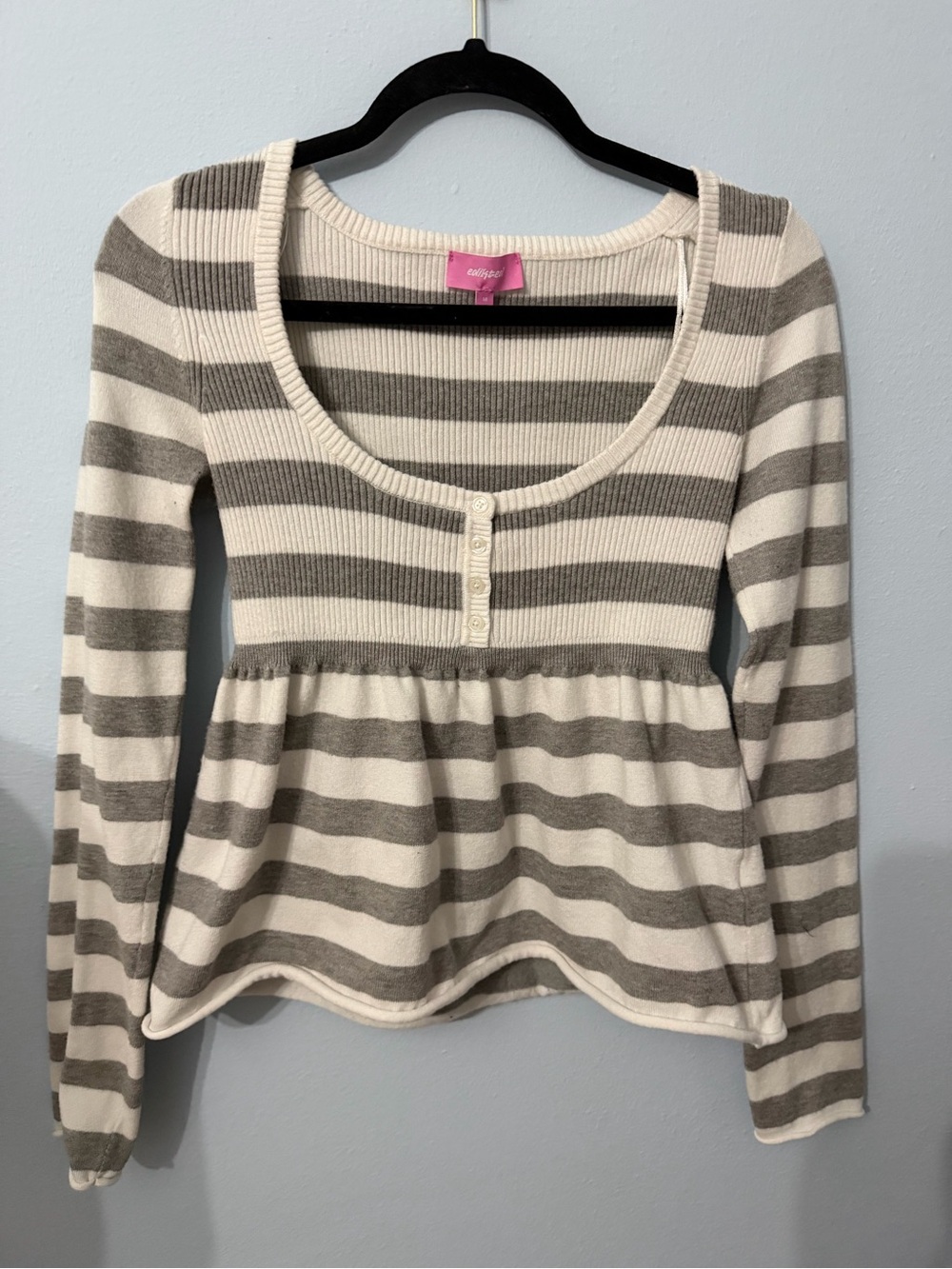 Edikted Cream and Gray Striped Long Sleeve Peplum Top - Picture 1 of 2